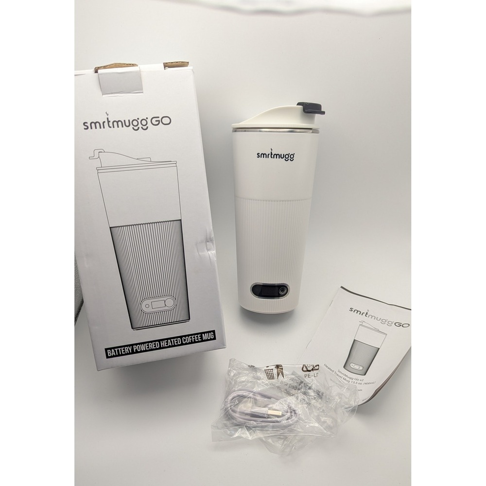 SmrtMugg Go v2 Battery Powered Heated Coffee Travel Mug 13.5oz White LED Display